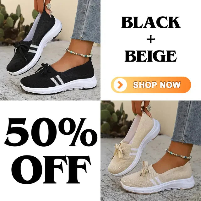 ⭐Autumn Best Seller⭐Women’s Breathable Knit Slip-On Sneakers with Bow – Lightweight Low-Top Casual Shoes in Beige & White for Everyday Comfort