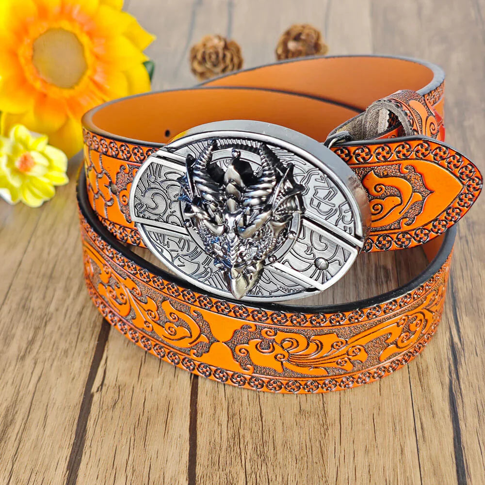 Western Orange Embossed Belt With Belt Buckle