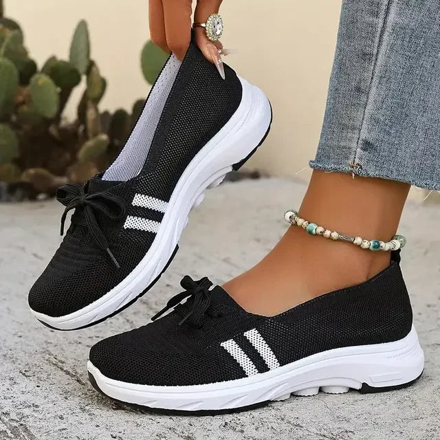 ⭐Autumn Best Seller⭐Women’s Breathable Knit Slip-On Sneakers with Bow – Lightweight Low-Top Casual Shoes in Beige & White for Everyday Comfort