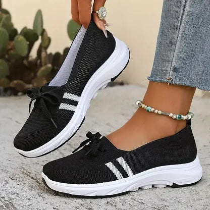 ⭐Autumn Best Seller⭐Women’s Breathable Knit Slip-On Sneakers with Bow – Lightweight Low-Top Casual Shoes in Beige & White for Everyday Comfort
