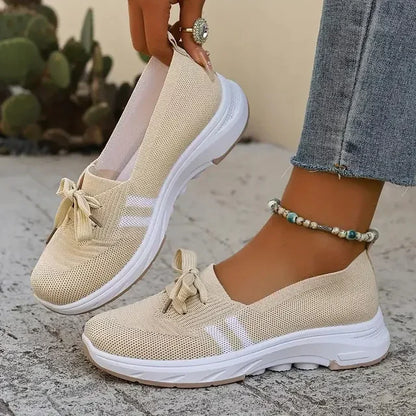 ⭐Autumn Best Seller⭐Women’s Breathable Knit Slip-On Sneakers with Bow – Lightweight Low-Top Casual Shoes in Beige & White for Everyday Comfort