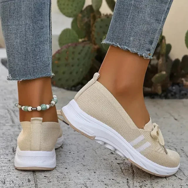 ⭐Autumn Best Seller⭐Women’s Breathable Knit Slip-On Sneakers with Bow – Lightweight Low-Top Casual Shoes in Beige & White for Everyday Comfort