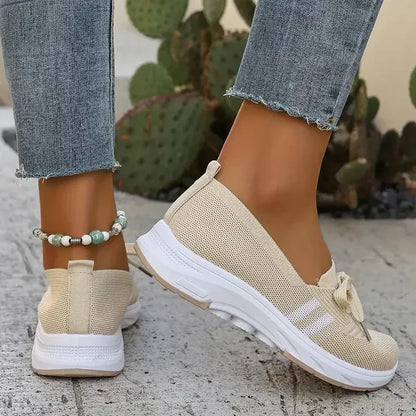 ⭐Autumn Best Seller⭐Women’s Breathable Knit Slip-On Sneakers with Bow – Lightweight Low-Top Casual Shoes in Beige & White for Everyday Comfort