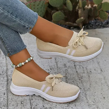 ⭐Autumn Best Seller⭐Women’s Breathable Knit Slip-On Sneakers with Bow – Lightweight Low-Top Casual Shoes in Beige & White for Everyday Comfort
