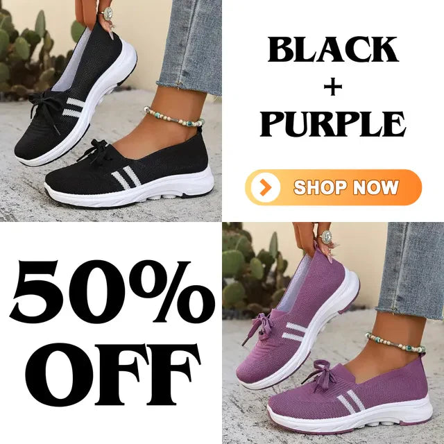 ⭐Autumn Best Seller⭐Women’s Breathable Knit Slip-On Sneakers with Bow – Lightweight Low-Top Casual Shoes in Beige & White for Everyday Comfort