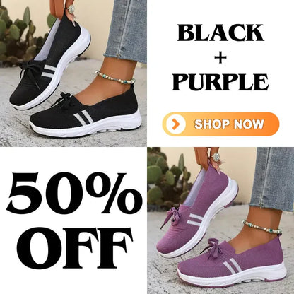 ⭐Autumn Best Seller⭐Women’s Breathable Knit Slip-On Sneakers with Bow – Lightweight Low-Top Casual Shoes in Beige & White for Everyday Comfort