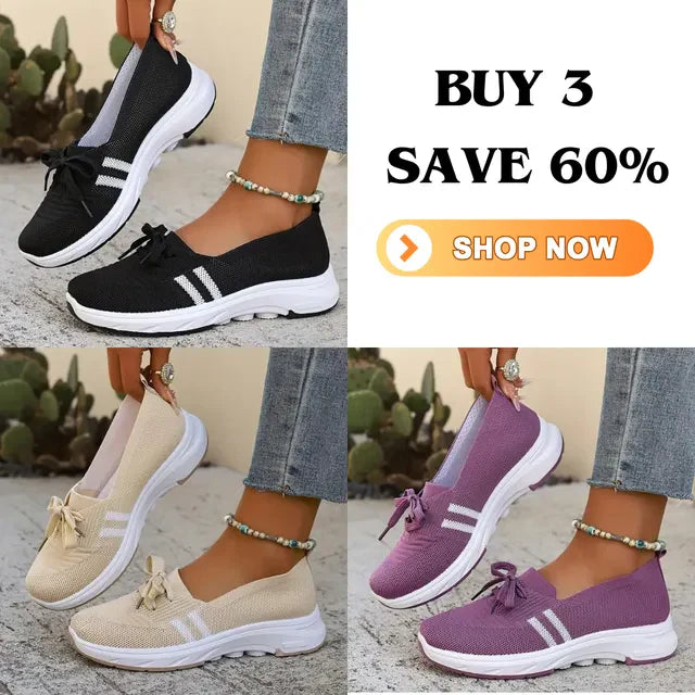 ⭐Autumn Best Seller⭐Women’s Breathable Knit Slip-On Sneakers with Bow – Lightweight Low-Top Casual Shoes in Beige & White for Everyday Comfort