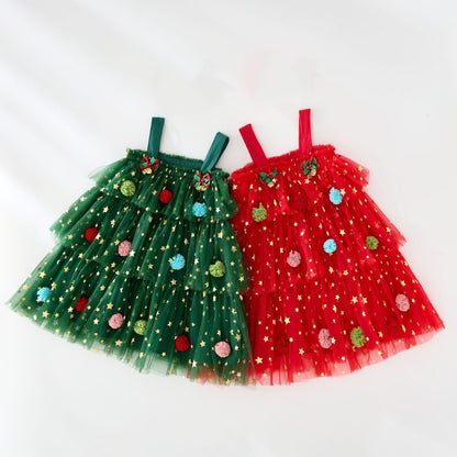 🎄✨Girls Christmas Dress Star Sequin Multi-layer Tulle🎅