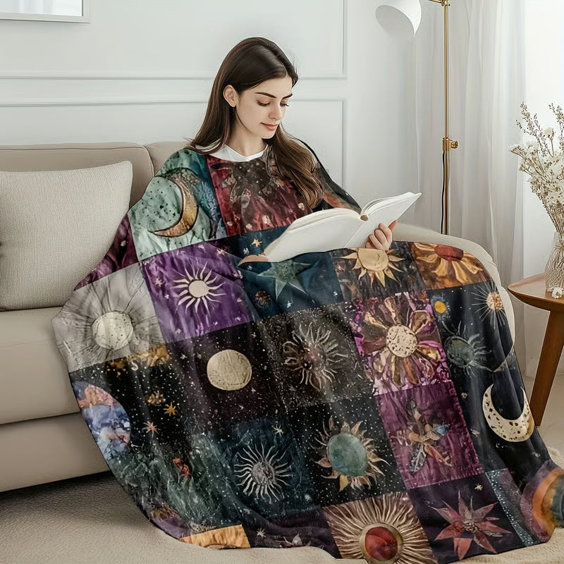 Bohemian Sun and Moon Flannel Blanket