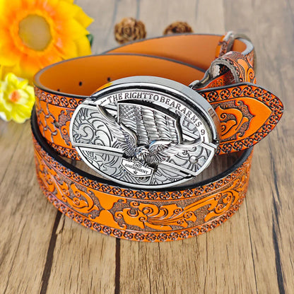 Western Orange Embossed Belt With Belt Buckle