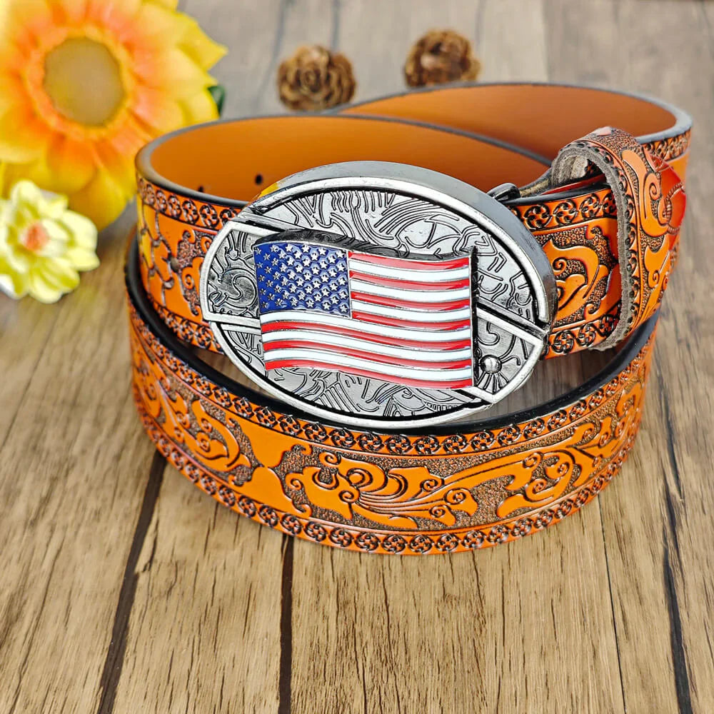 Western Orange Embossed Belt With Belt Buckle