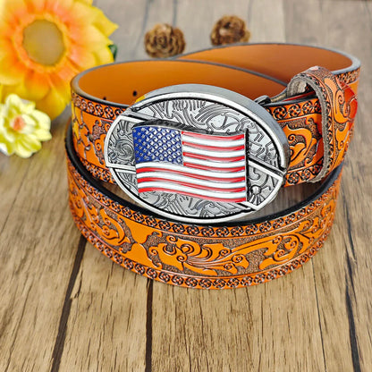 Western Orange Embossed Belt With Belt Buckle