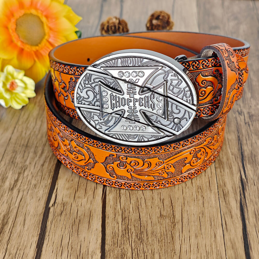 Western Orange Embossed Belt With Belt Buckle