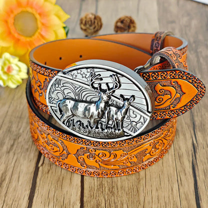 Western Orange Embossed Belt With Belt Buckle