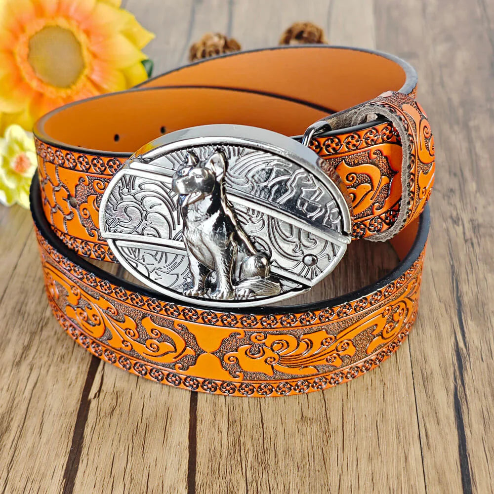 Western Orange Embossed Belt With Belt Buckle