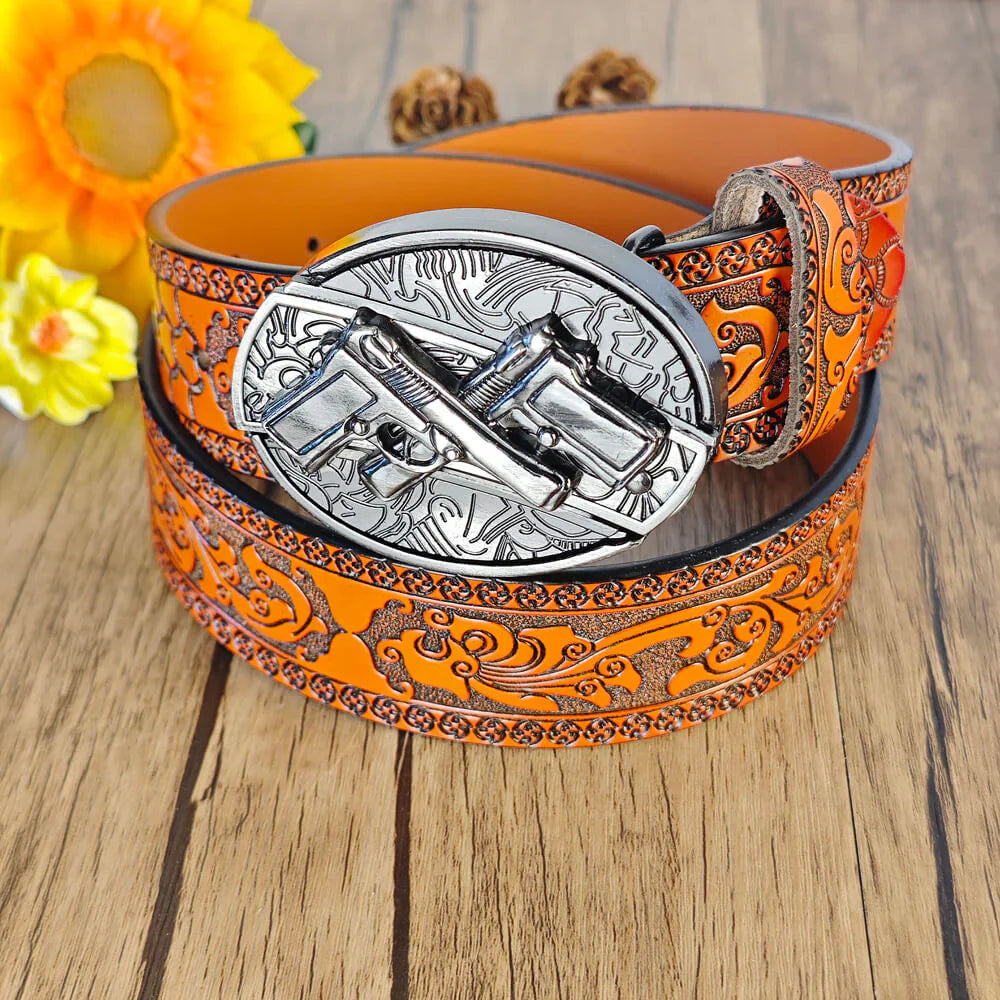 Western Orange Embossed Belt With Belt Buckle