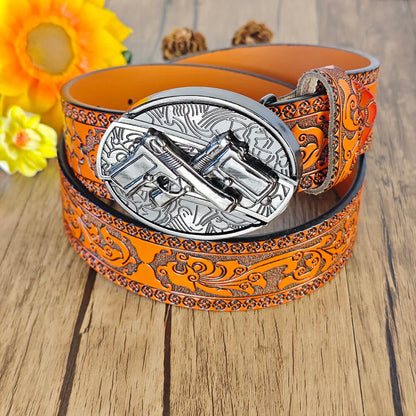 Western Orange Embossed Belt With Belt Buckle