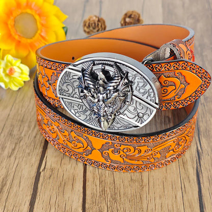 Western Orange Embossed Belt With Belt Buckle