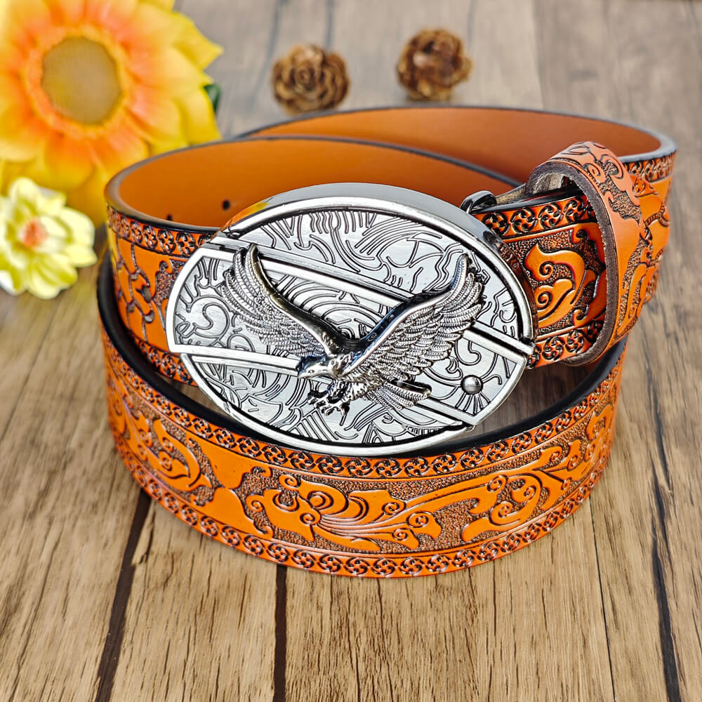 Western Orange Embossed Belt With Belt Buckle