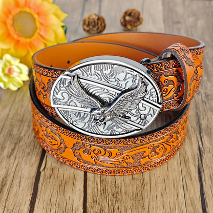 Western Orange Embossed Belt With Belt Buckle