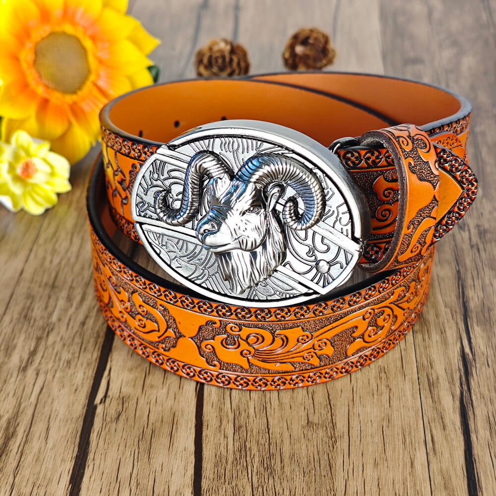 Western Orange Embossed Belt With Belt Buckle