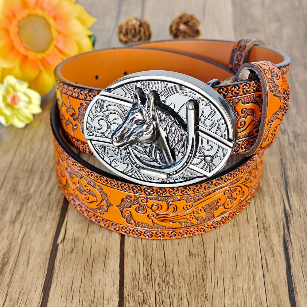 Western Orange Embossed Belt With Belt Buckle