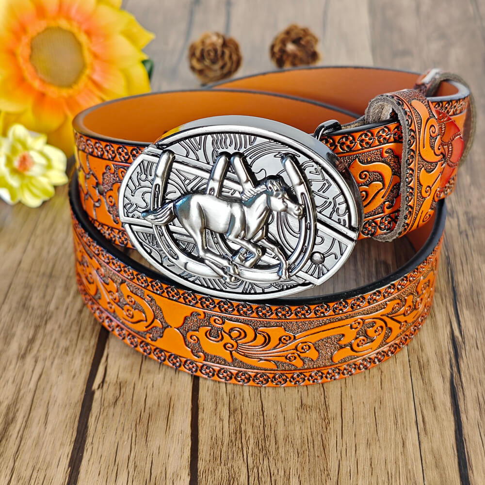 Western Orange Embossed Belt With Belt Buckle