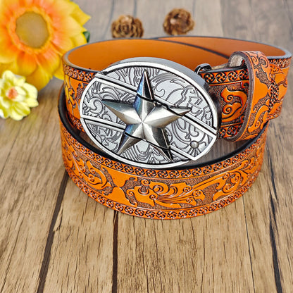 Western Orange Embossed Belt With Belt Buckle