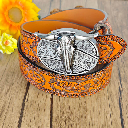 Western Orange Embossed Belt With Belt Buckle
