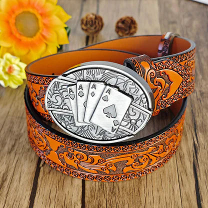 Western Orange Embossed Belt With Belt Buckle