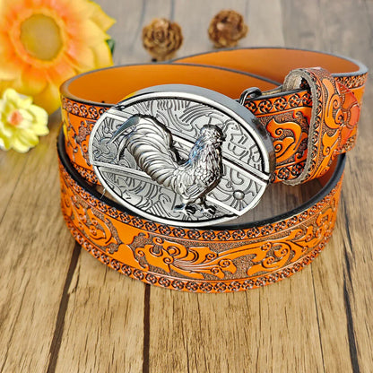 Western Orange Embossed Belt With Belt Buckle