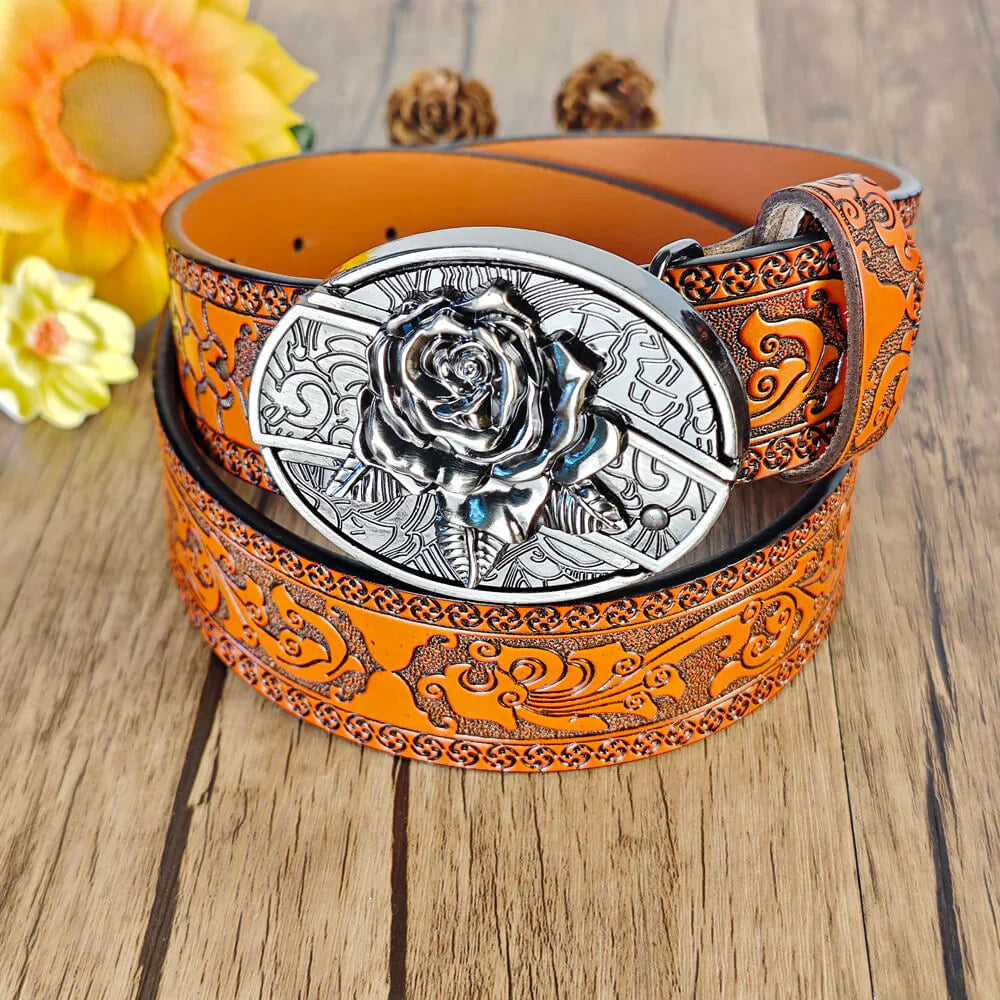 Western Orange Embossed Belt With Belt Buckle