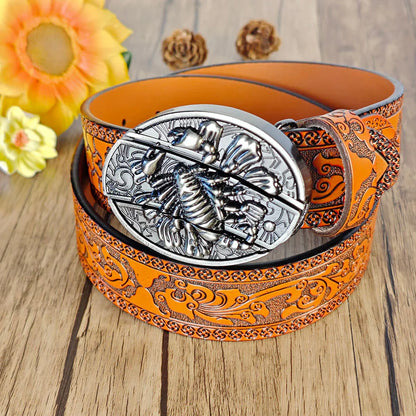 Western Orange Embossed Belt With Belt Buckle