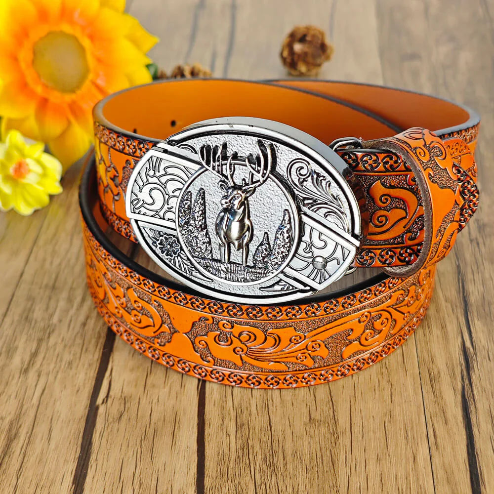 Western Orange Embossed Belt With Belt Buckle