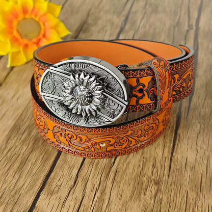 Western Orange Embossed Belt With Belt Buckle