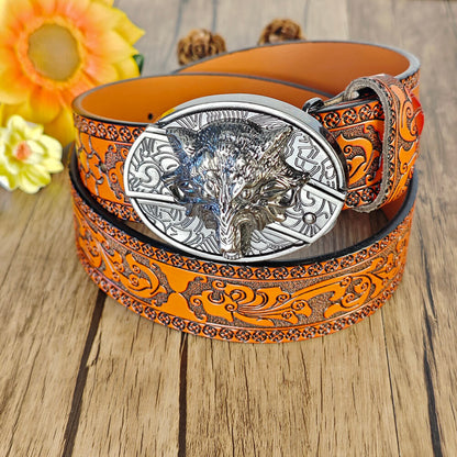 Western Orange Embossed Belt With Belt Buckle