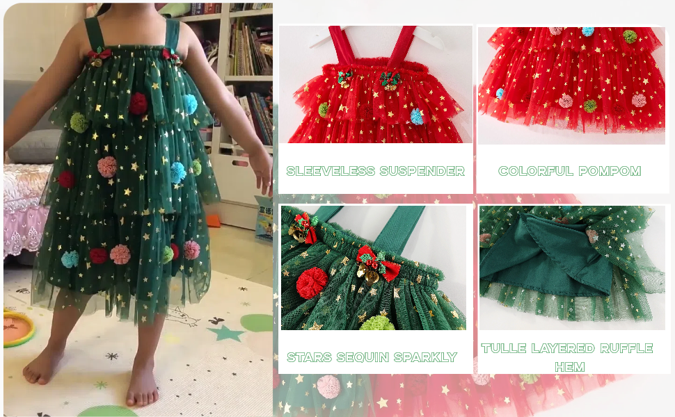 🎄✨Girls Christmas Dress Star Sequin Multi-layer Tulle🎅